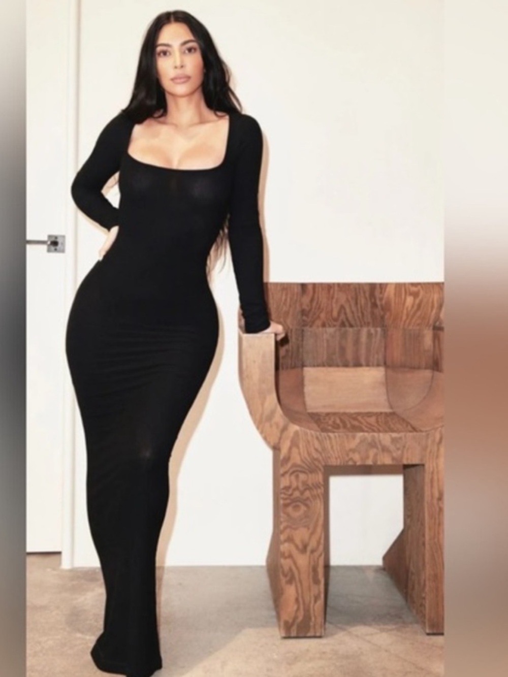 SKIMS Black Long Soft Lounge Rib Long Sleeve Dress